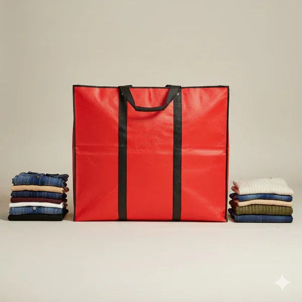 Red tote bag with black handles next to folded clothes on a beige background